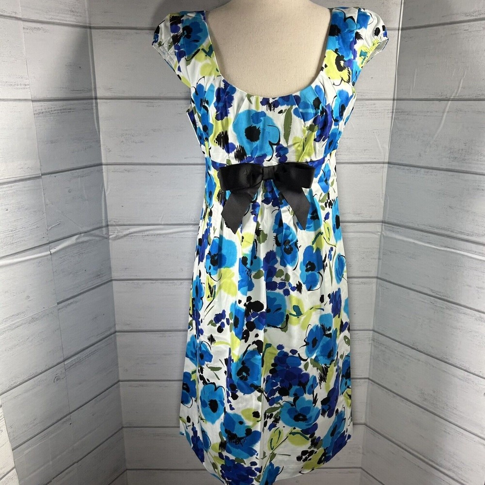 Maggy London Floral Shift Dress Bow Tie Cap Sleeve Cotton Lined Blue Size 8